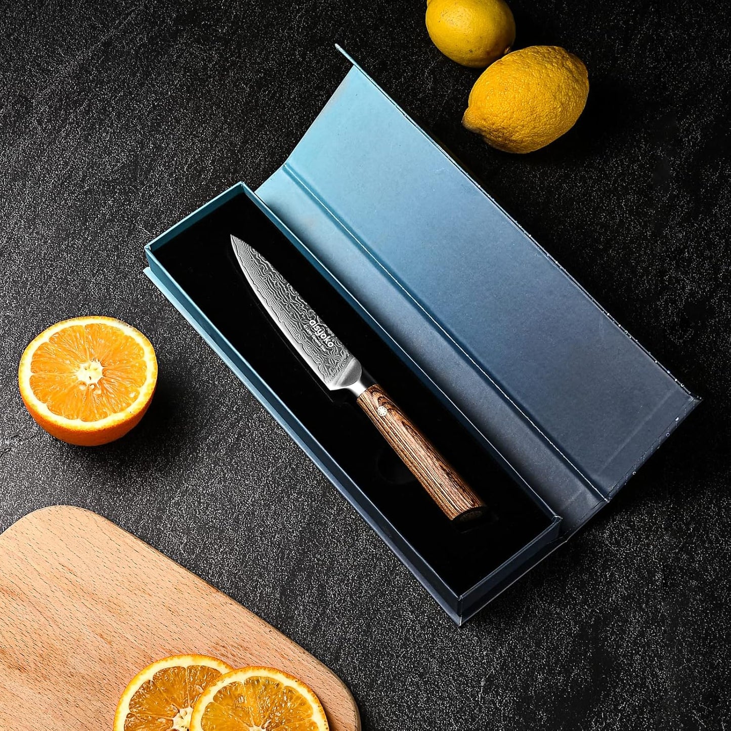 Aisyoko 5-Inch Paring Knife - Japanese VG-10 Super Steel 67-Layer Damascus Blade - Fruit Utility Knife for Carving & Peeling - Luxury Gift Box with Color Wooden Handle - Includes Scabbard