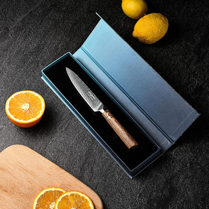 Aisyoko 5-Inch Paring Knife - Japanese VG-10 Super Steel 67-Layer Damascus Blade - Fruit Utility Knife for Carving & Peeling - Luxury Gift Box with Color Wooden Handle - Includes Scabbard