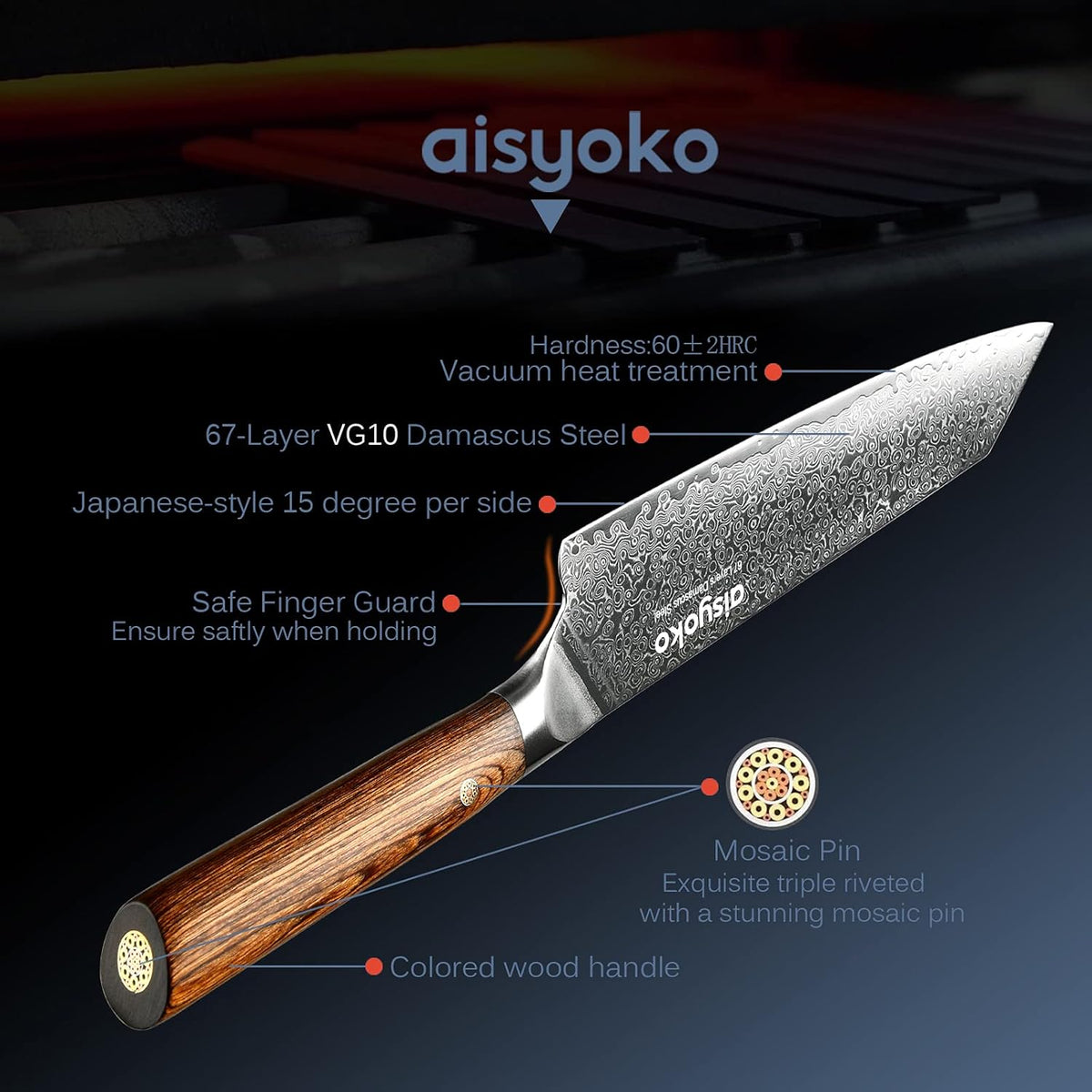 Aisyoko 5-Inch Paring Knife - Japanese VG-10 Super Steel 67-Layer Damascus Blade - Fruit Utility Knife for Carving & Peeling - Luxury Gift Box with Color Wooden Handle - Includes Scabbard