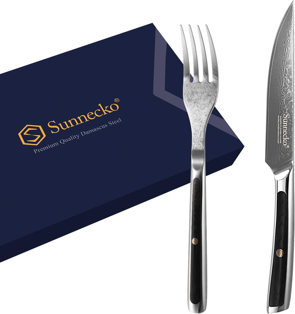 Damascus Steak Knife Set of 2, Non Serrated Steak Knife and Fork Set | 5 Inch Steak Knives Set Japanese VG10 Stainless Steel, Full Tang, G10 Handle, Gift Box