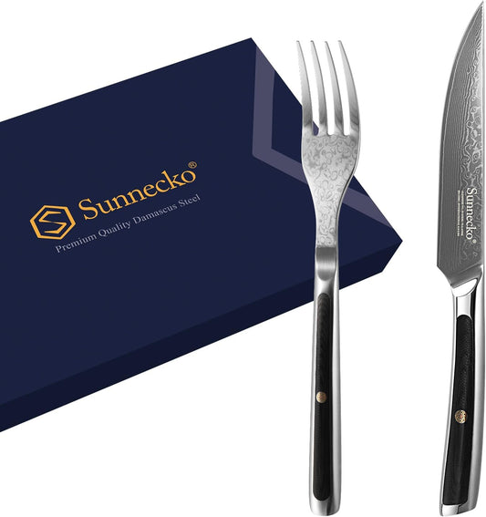 Damascus Steak Knife Set of 2, Non Serrated Steak Knife and Fork Set | 5 Inch Steak Knives Set Japanese VG10 Stainless Steel, Full Tang, G10 Handle, Gift Box