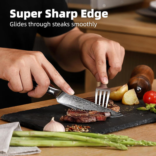 Damascus Steak Knife Set of 2, Non Serrated Steak Knife and Fork Set | 5 Inch Steak Knives Set Japanese VG10 Stainless Steel, Full Tang, G10 Handle, Gift Box