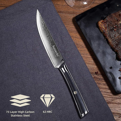 Damascus Steak Knife Set of 2, Non Serrated Steak Knife and Fork Set | 5 Inch Steak Knives Set Japanese VG10 Stainless Steel, Full Tang, G10 Handle, Gift Box