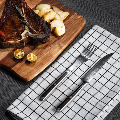 Damascus Steak Knife Set of 2, Non Serrated Steak Knife and Fork Set | 5 Inch Steak Knives Set Japanese VG10 Stainless Steel, Full Tang, G10 Handle, Gift Box