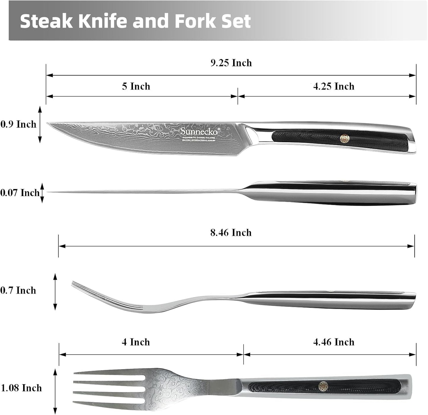 Damascus Steak Knife Set of 2, Non Serrated Steak Knife and Fork Set | 5 Inch Steak Knives Set Japanese VG10 Stainless Steel, Full Tang, G10 Handle, Gift Box