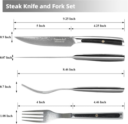 Damascus Steak Knife Set of 2, Non Serrated Steak Knife and Fork Set | 5 Inch Steak Knives Set Japanese VG10 Stainless Steel, Full Tang, G10 Handle, Gift Box
