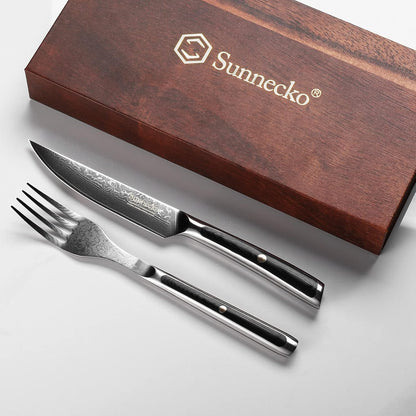 Damascus Steak Knife Set of 2, Non Serrated Steak Knife and Fork Set | 5 Inch Steak Knives Set Japanese VG10 Stainless Steel, Full Tang, G10 Handle, Gift Box
