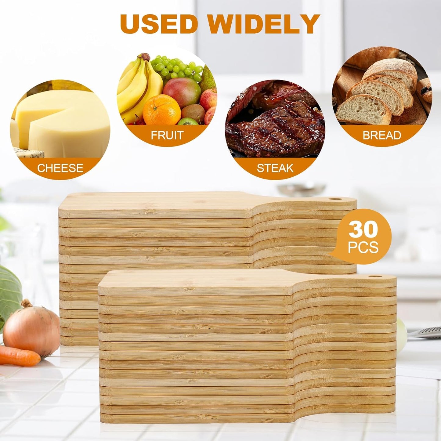 30 Pcs Wood Cutting Board Bulk with Handle 11" x 5" Mini Cutting Boards Bulk Mini Charcuterie Boards Bulk Laser Engraving Serving Tray Bulk for DIY Wedding Housewarming Gift Cooking Decor (Bamboo)