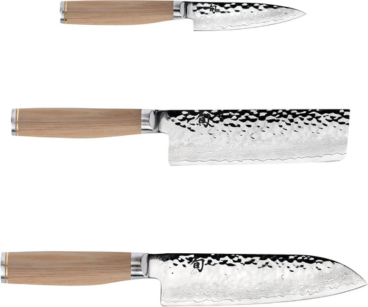 Premier Blonde 3 Piece Japan Starter Set | Includes 7" Santoku, 4" Paring & 5.5" Nakiri Knives, VG-MAX Core, Damascus Stainless Steel Cladding, Pakkawood Handle