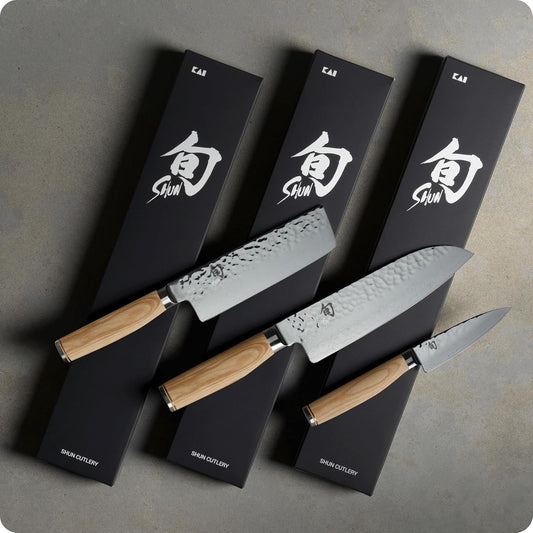 Premier Blonde 3 Piece Japan Starter Set | Includes 7" Santoku, 4" Paring & 5.5" Nakiri Knives, VG-MAX Core, Damascus Stainless Steel Cladding, Pakkawood Handle