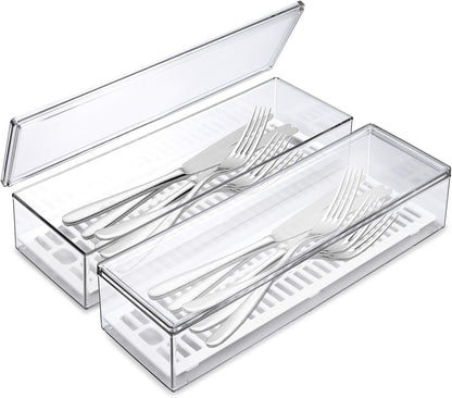 2 Pack Silverware Organizer with Lid and Drainer - Kitchen Drawer Organizer Cutlery Tray Flatware Storage Box, Clear Tableware Utensil Holder for Spoons Forks Knives