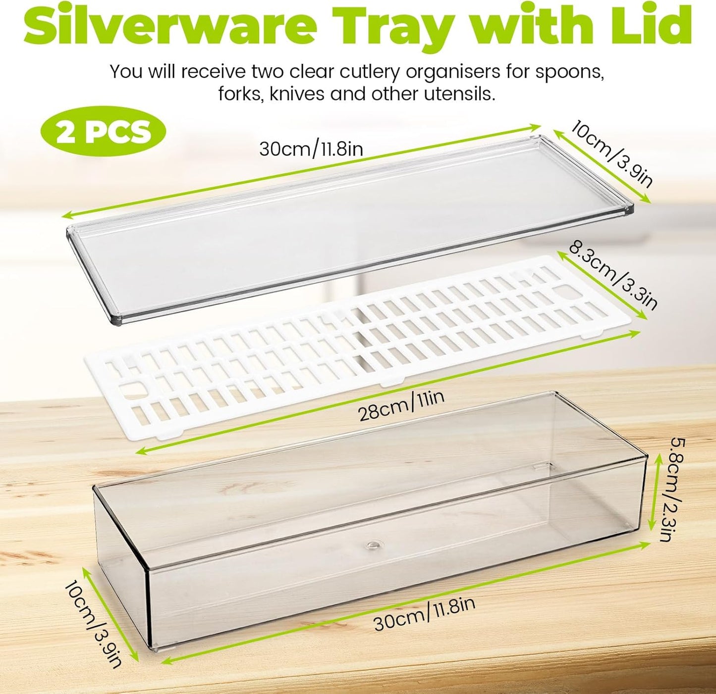 2 Pack Silverware Organizer with Lid and Drainer - Kitchen Drawer Organizer Cutlery Tray Flatware Storage Box, Clear Tableware Utensil Holder for Spoons Forks Knives