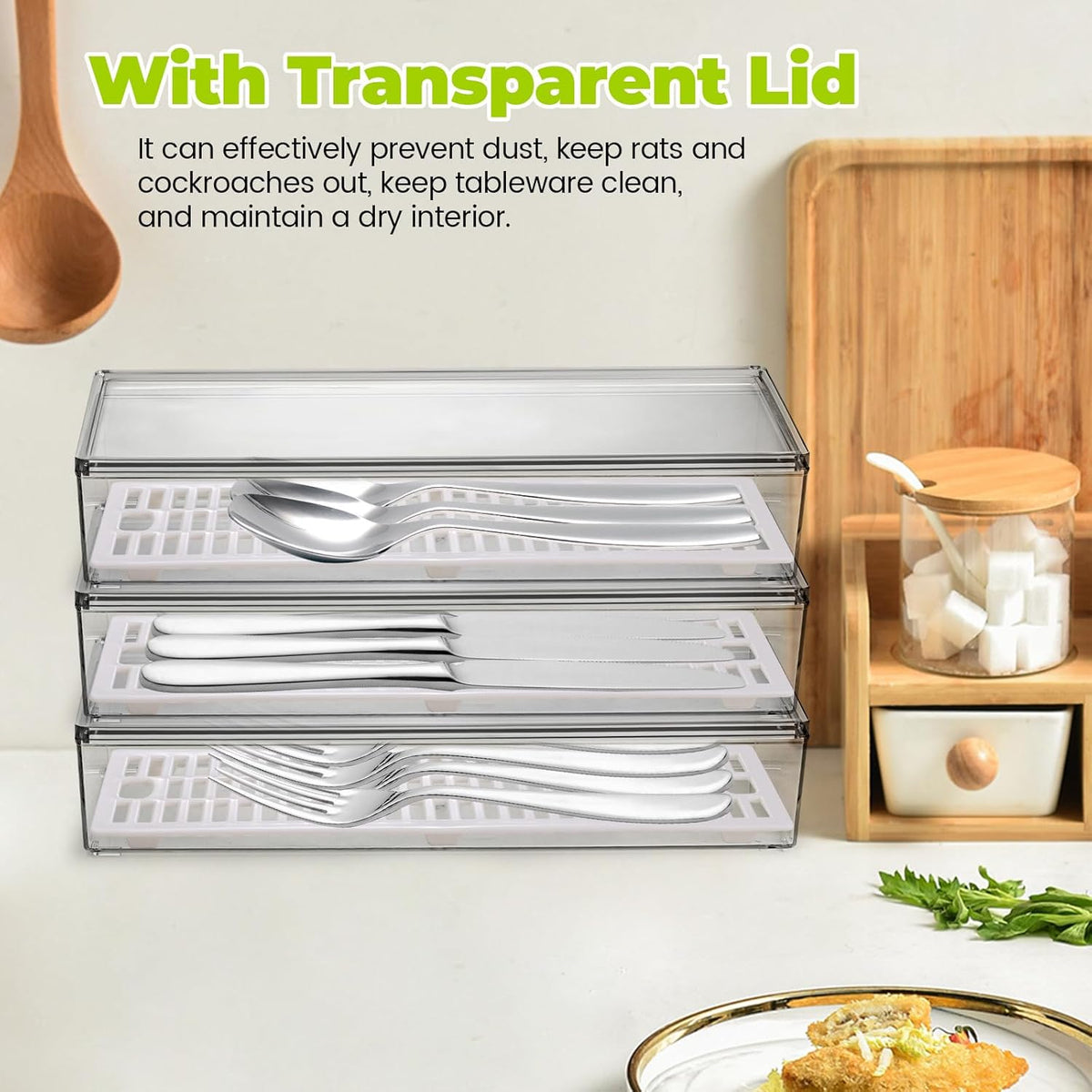 2 Pack Silverware Organizer with Lid and Drainer - Kitchen Drawer Organizer Cutlery Tray Flatware Storage Box, Clear Tableware Utensil Holder for Spoons Forks Knives