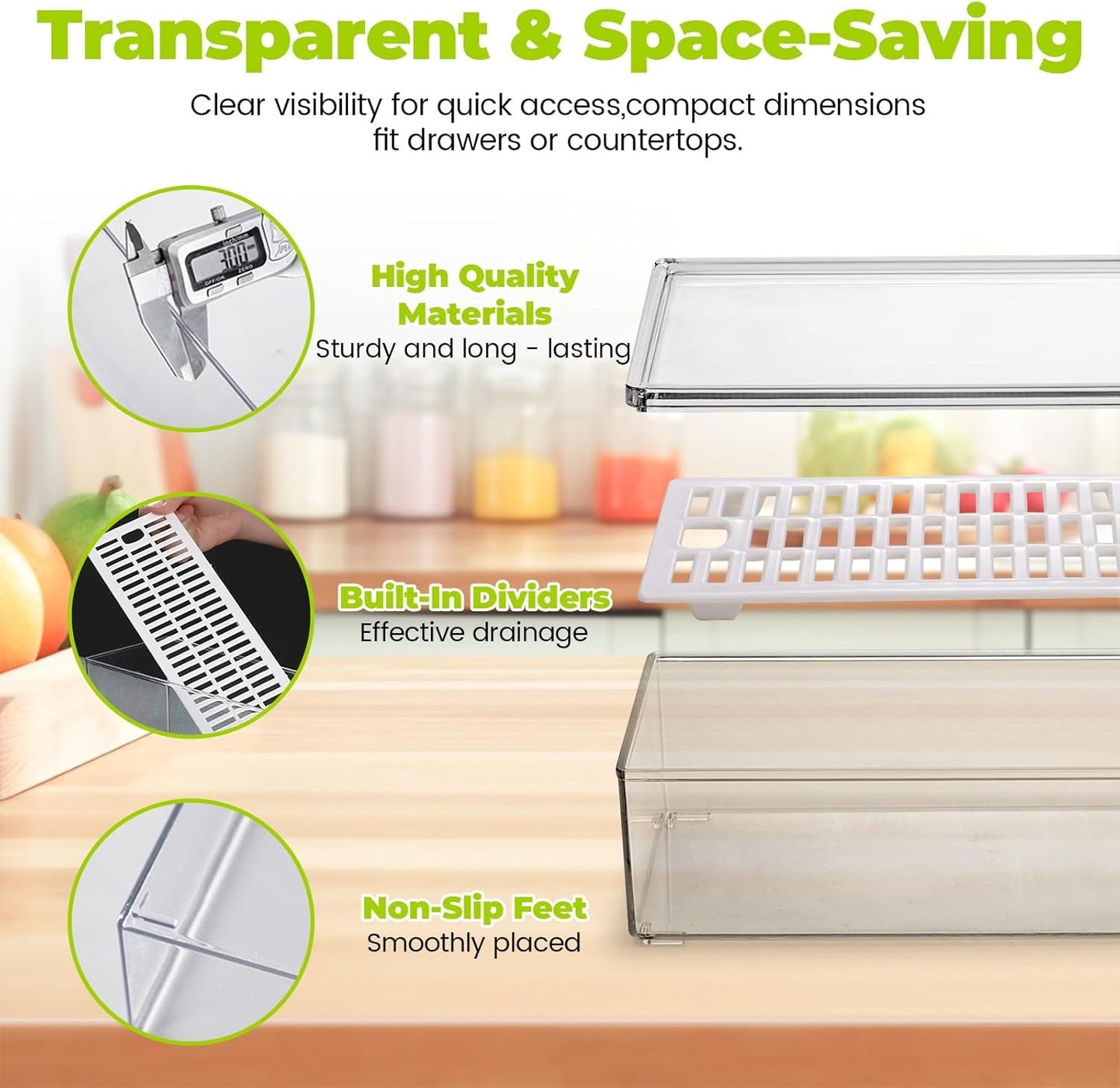 2 Pack Silverware Organizer with Lid and Drainer - Kitchen Drawer Organizer Cutlery Tray Flatware Storage Box, Clear Tableware Utensil Holder for Spoons Forks Knives