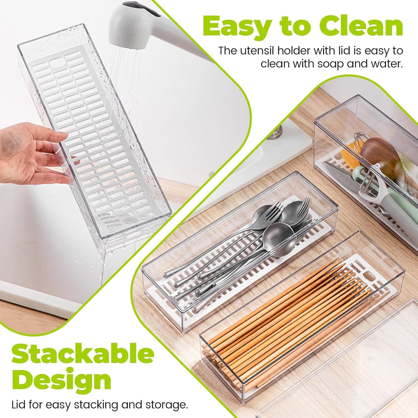 2 Pack Silverware Organizer with Lid and Drainer - Kitchen Drawer Organizer Cutlery Tray Flatware Storage Box, Clear Tableware Utensil Holder for Spoons Forks Knives