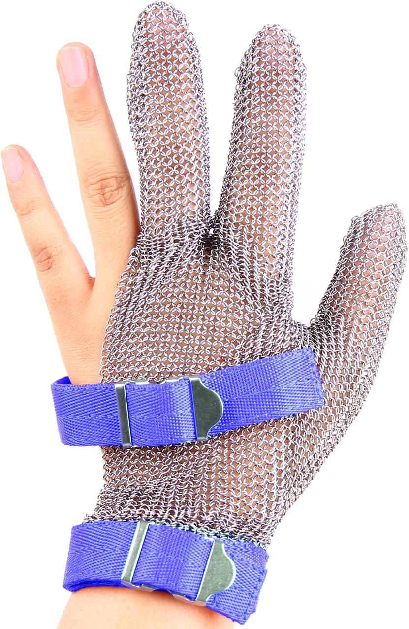 3-Finger Chainmail Glove, Stainless Steel Metal Cut Resistant Glove with Strap (3-Finger, Large (Pack of 1))