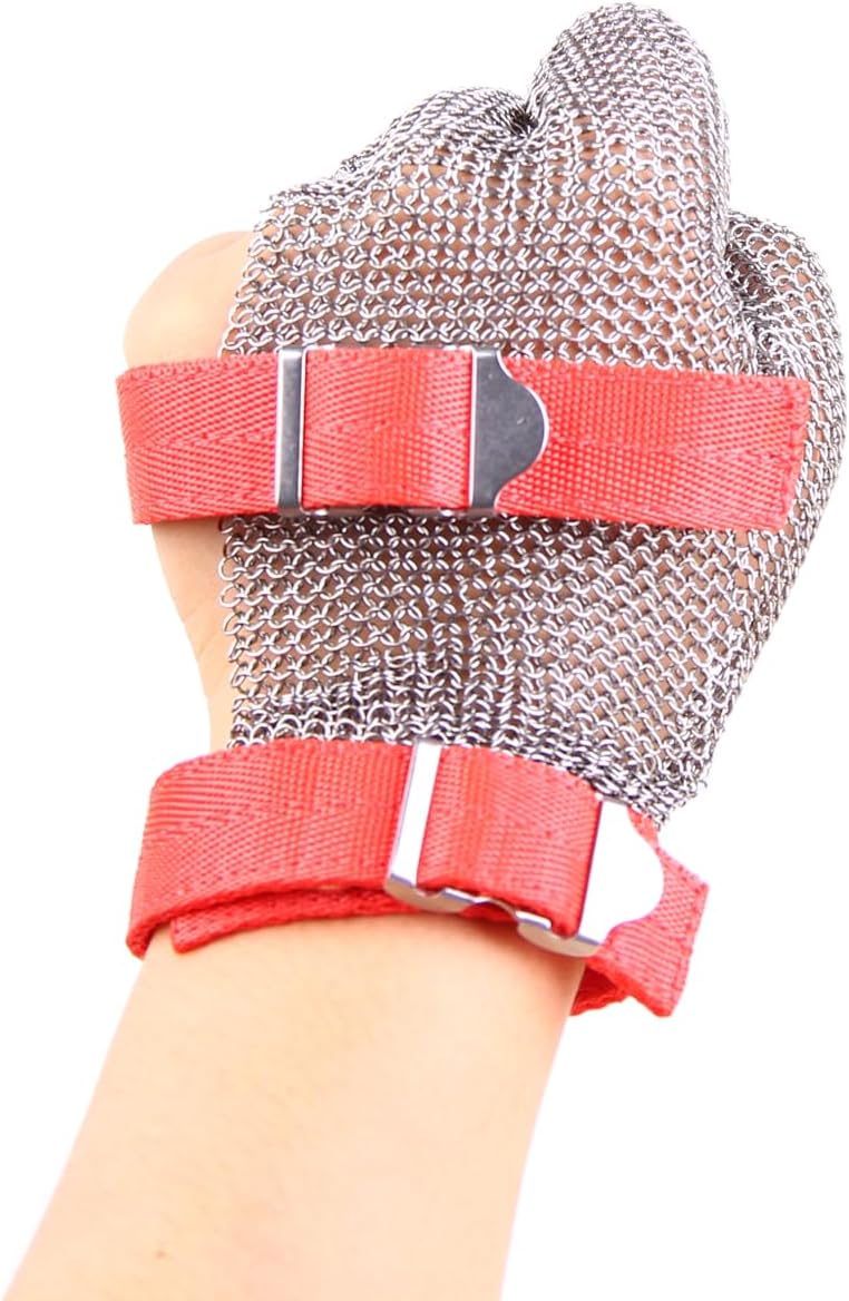 3-Finger Chainmail Glove, Stainless Steel Metal Cut Resistant Glove with Strap (3-Finger, Large (Pack of 1))