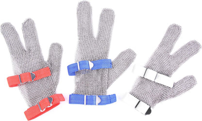 3-Finger Chainmail Glove, Stainless Steel Metal Cut Resistant Glove with Strap (3-Finger, Large (Pack of 1))