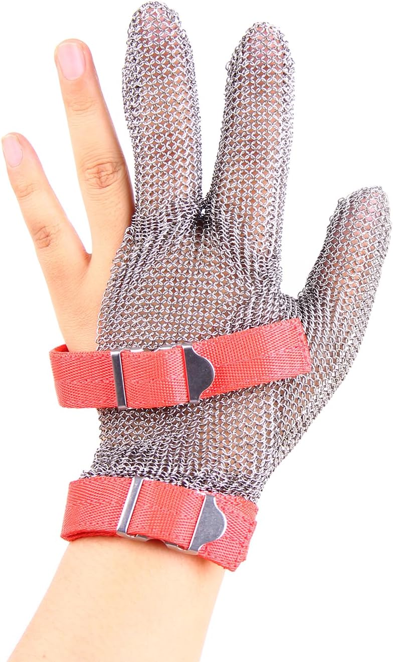 3-Finger Chainmail Glove, Stainless Steel Metal Cut Resistant Glove with Strap (3-Finger, Large (Pack of 1))