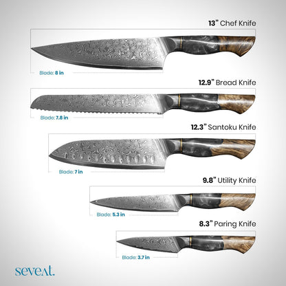Damascus Kitchen Knife Set | 67-Layer Damascus Steel | Professional Japanese Chef Knife Set | Ergonomic Wood & Resin Handle | Gift Box Included (Black, 5-Piece Set)
