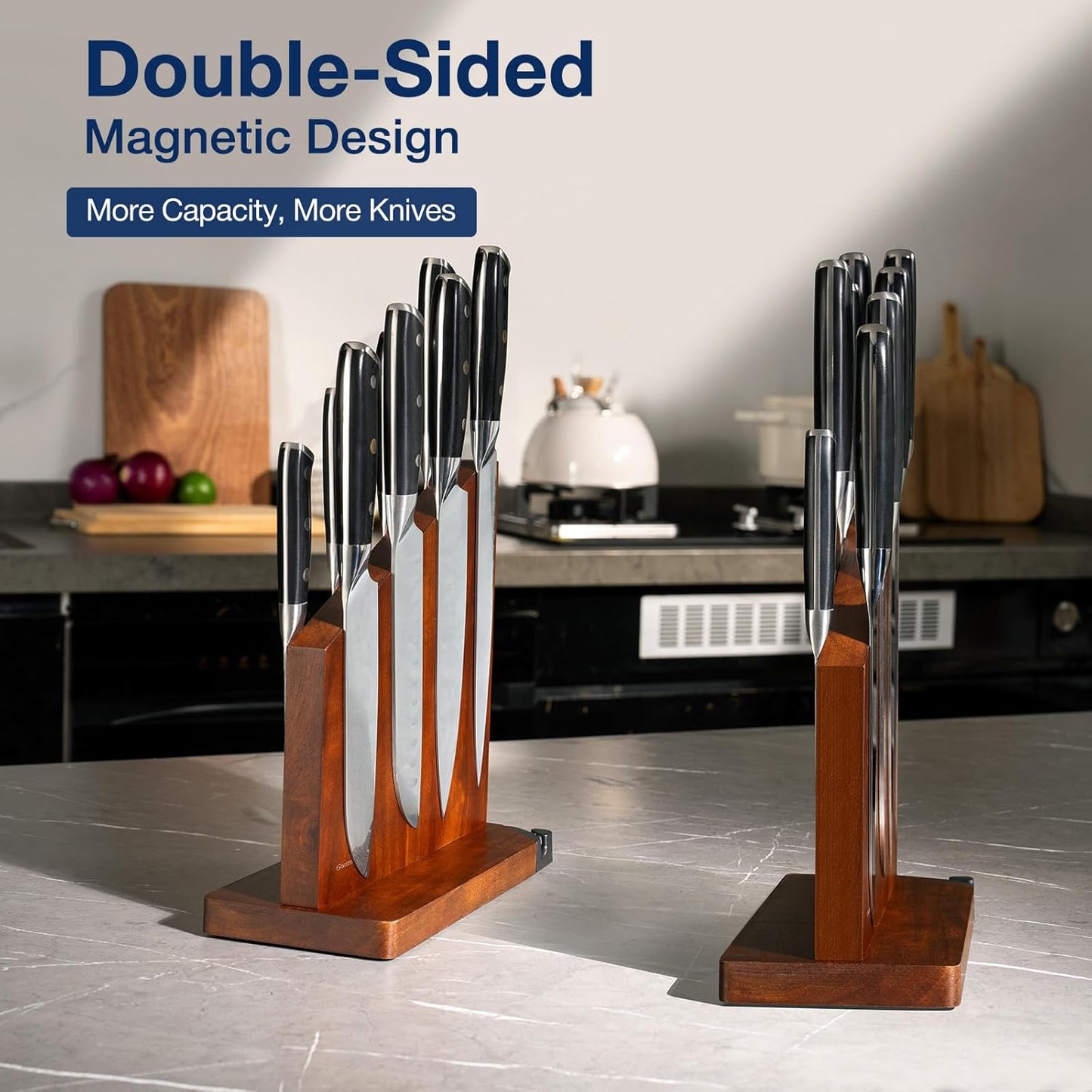 Magnetic Knife Holder with Built-in Sharpener, 100% Acacia Wood Magnetic Knife Block without Knives, Strong Double-Sided Magnetic Knife Holder for Kitchen Countertop Organization, Dark Wood