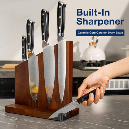 Magnetic Knife Holder with Built-in Sharpener, 100% Acacia Wood Magnetic Knife Block without Knives, Strong Double-Sided Magnetic Knife Holder for Kitchen Countertop Organization, Dark Wood