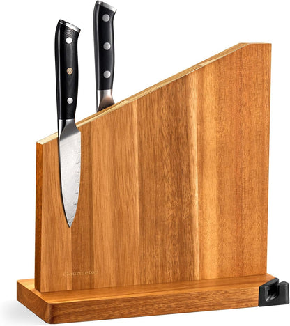 Magnetic Knife Holder with Built-in Sharpener, 100% Acacia Wood Magnetic Knife Block without Knives, Strong Double-Sided Magnetic Knife Holder for Kitchen Countertop Organization, Dark Wood