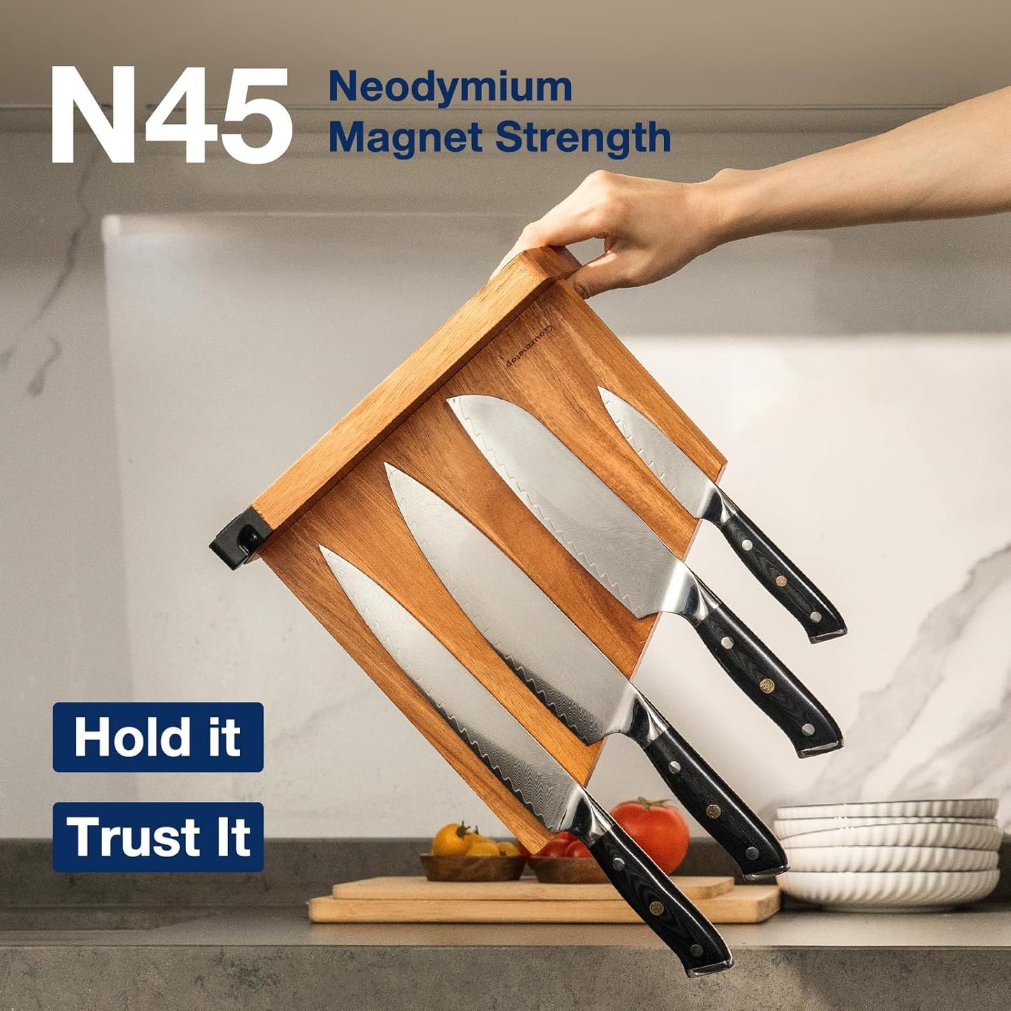 Magnetic Knife Holder with Built-in Sharpener, 100% Acacia Wood Magnetic Knife Block without Knives, Strong Double-Sided Magnetic Knife Holder for Kitchen Countertop Organization, Dark Wood