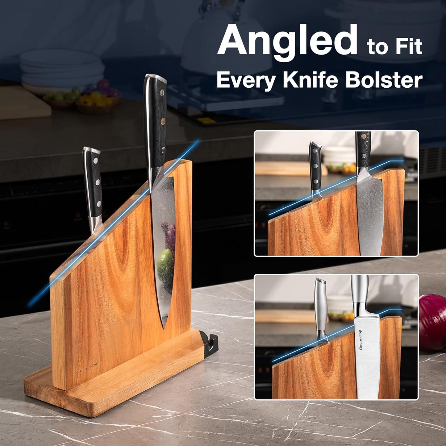 Magnetic Knife Holder with Built-in Sharpener, 100% Acacia Wood Magnetic Knife Block without Knives, Strong Double-Sided Magnetic Knife Holder for Kitchen Countertop Organization, Dark Wood