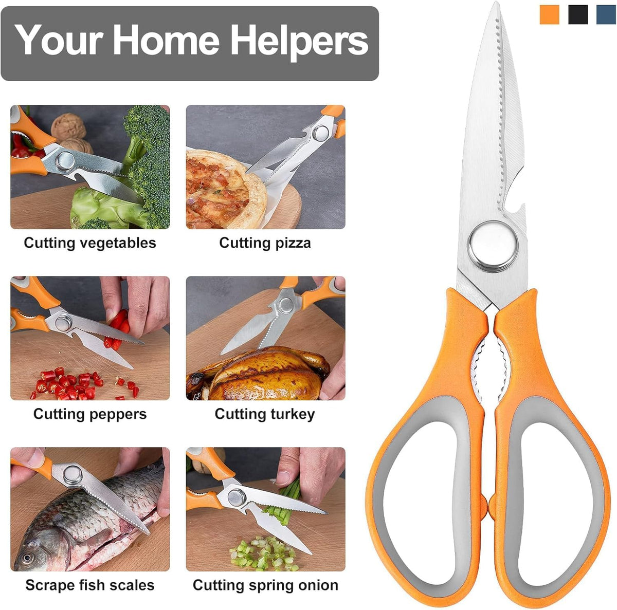 3-Color Kitchen Scissors Poultry Shears Dishwasher Safe, Come Apart Sharp Stainless Steel Cooking Food Scissors for Cutting Meat, Chicken, Vegetable, Fish