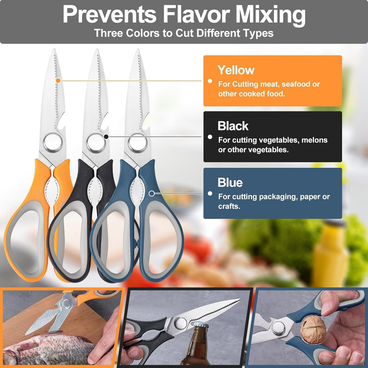 3-Color Kitchen Scissors Poultry Shears Dishwasher Safe, Come Apart Sharp Stainless Steel Cooking Food Scissors for Cutting Meat, Chicken, Vegetable, Fish