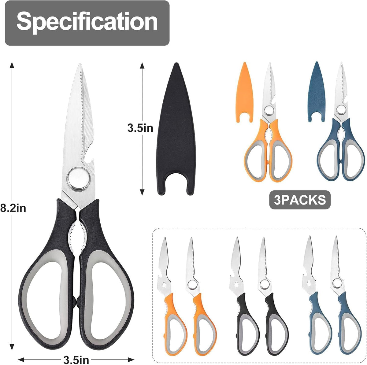 3-Color Kitchen Scissors Poultry Shears Dishwasher Safe, Come Apart Sharp Stainless Steel Cooking Food Scissors for Cutting Meat, Chicken, Vegetable, Fish