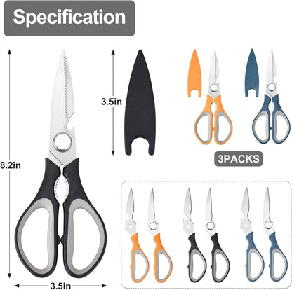 3-Color Kitchen Scissors Poultry Shears Dishwasher Safe, Come Apart Sharp Stainless Steel Cooking Food Scissors for Cutting Meat, Chicken, Vegetable, Fish