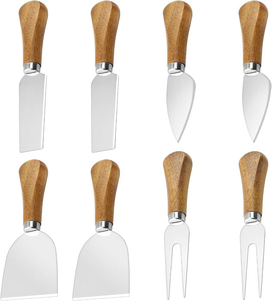 8 Pcs Cheese Knife Set, Cute Cheese Knives for Charcuterie Board, Stainless Steel Cheese Cutter with Wooden Handles, Dishwasher Safe, Hostess Gift Mother's Day, Weddings & Housewarming Parties