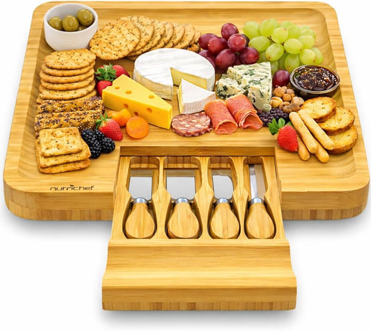 NutriChef Bamboo Natural Cheese Board Set with Bonus Condiment Cup-Extra Large Size 100% Home Organic Wooden Plate and Charcuterie Tray with 4 pcs Cutting Knife Slicer, 13" Square
