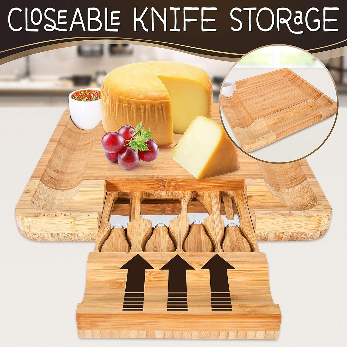 NutriChef Bamboo Natural Cheese Board Set with Bonus Condiment Cup-Extra Large Size 100% Home Organic Wooden Plate and Charcuterie Tray with 4 pcs Cutting Knife Slicer, 13" Square