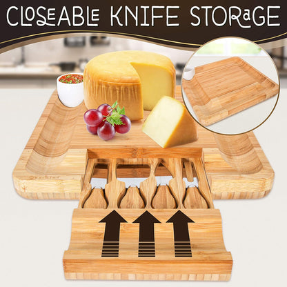 NutriChef Bamboo Natural Cheese Board Set with Bonus Condiment Cup-Extra Large Size 100% Home Organic Wooden Plate and Charcuterie Tray with 4 pcs Cutting Knife Slicer, 13" Square