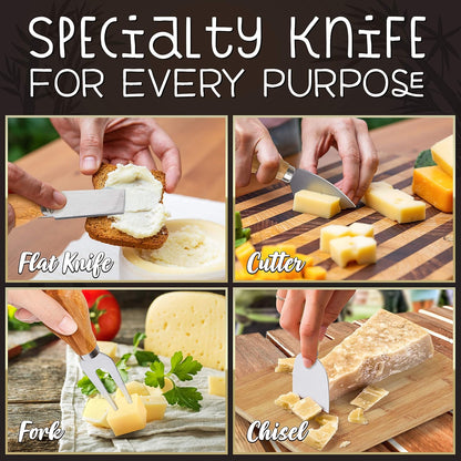NutriChef Bamboo Natural Cheese Board Set with Bonus Condiment Cup-Extra Large Size 100% Home Organic Wooden Plate and Charcuterie Tray with 4 pcs Cutting Knife Slicer, 13" Square