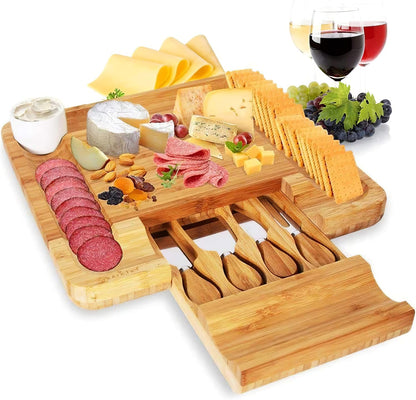 NutriChef Bamboo Natural Cheese Board Set with Bonus Condiment Cup-Extra Large Size 100% Home Organic Wooden Plate and Charcuterie Tray with 4 pcs Cutting Knife Slicer, 13" Square