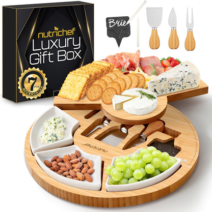 NutriChef Bamboo Natural Cheese Board Set with Bonus Condiment Cup-Extra Large Size 100% Home Organic Wooden Plate and Charcuterie Tray with 4 pcs Cutting Knife Slicer, 13" Square