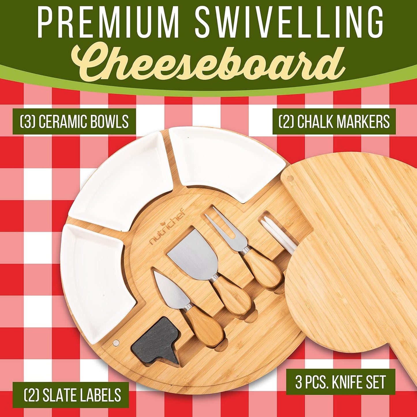 NutriChef Bamboo Natural Cheese Board Set with Bonus Condiment Cup-Extra Large Size 100% Home Organic Wooden Plate and Charcuterie Tray with 4 pcs Cutting Knife Slicer, 13" Square