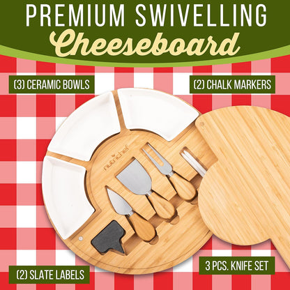 NutriChef Bamboo Natural Cheese Board Set with Bonus Condiment Cup-Extra Large Size 100% Home Organic Wooden Plate and Charcuterie Tray with 4 pcs Cutting Knife Slicer, 13" Square