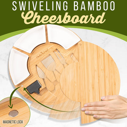 NutriChef Bamboo Natural Cheese Board Set with Bonus Condiment Cup-Extra Large Size 100% Home Organic Wooden Plate and Charcuterie Tray with 4 pcs Cutting Knife Slicer, 13" Square