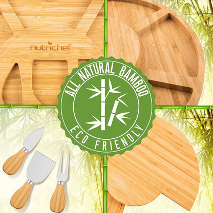 NutriChef Bamboo Natural Cheese Board Set with Bonus Condiment Cup-Extra Large Size 100% Home Organic Wooden Plate and Charcuterie Tray with 4 pcs Cutting Knife Slicer, 13" Square
