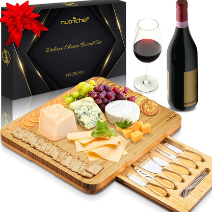 NutriChef Bamboo Natural Cheese Board Set with Bonus Condiment Cup-Extra Large Size 100% Home Organic Wooden Plate and Charcuterie Tray with 4 pcs Cutting Knife Slicer, 13" Square