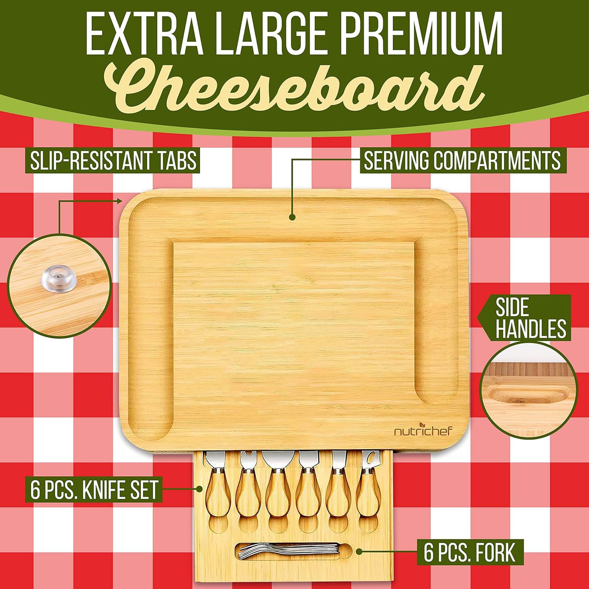 NutriChef Bamboo Natural Cheese Board Set with Bonus Condiment Cup-Extra Large Size 100% Home Organic Wooden Plate and Charcuterie Tray with 4 pcs Cutting Knife Slicer, 13" Square
