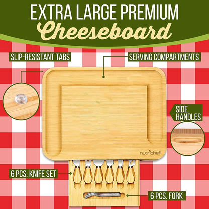 NutriChef Bamboo Natural Cheese Board Set with Bonus Condiment Cup-Extra Large Size 100% Home Organic Wooden Plate and Charcuterie Tray with 4 pcs Cutting Knife Slicer, 13" Square