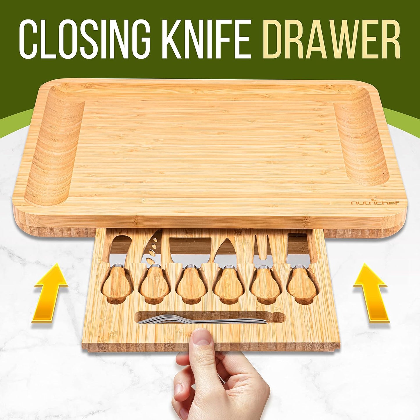 NutriChef Bamboo Natural Cheese Board Set with Bonus Condiment Cup-Extra Large Size 100% Home Organic Wooden Plate and Charcuterie Tray with 4 pcs Cutting Knife Slicer, 13" Square
