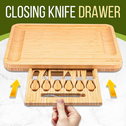 NutriChef Bamboo Natural Cheese Board Set with Bonus Condiment Cup-Extra Large Size 100% Home Organic Wooden Plate and Charcuterie Tray with 4 pcs Cutting Knife Slicer, 13" Square