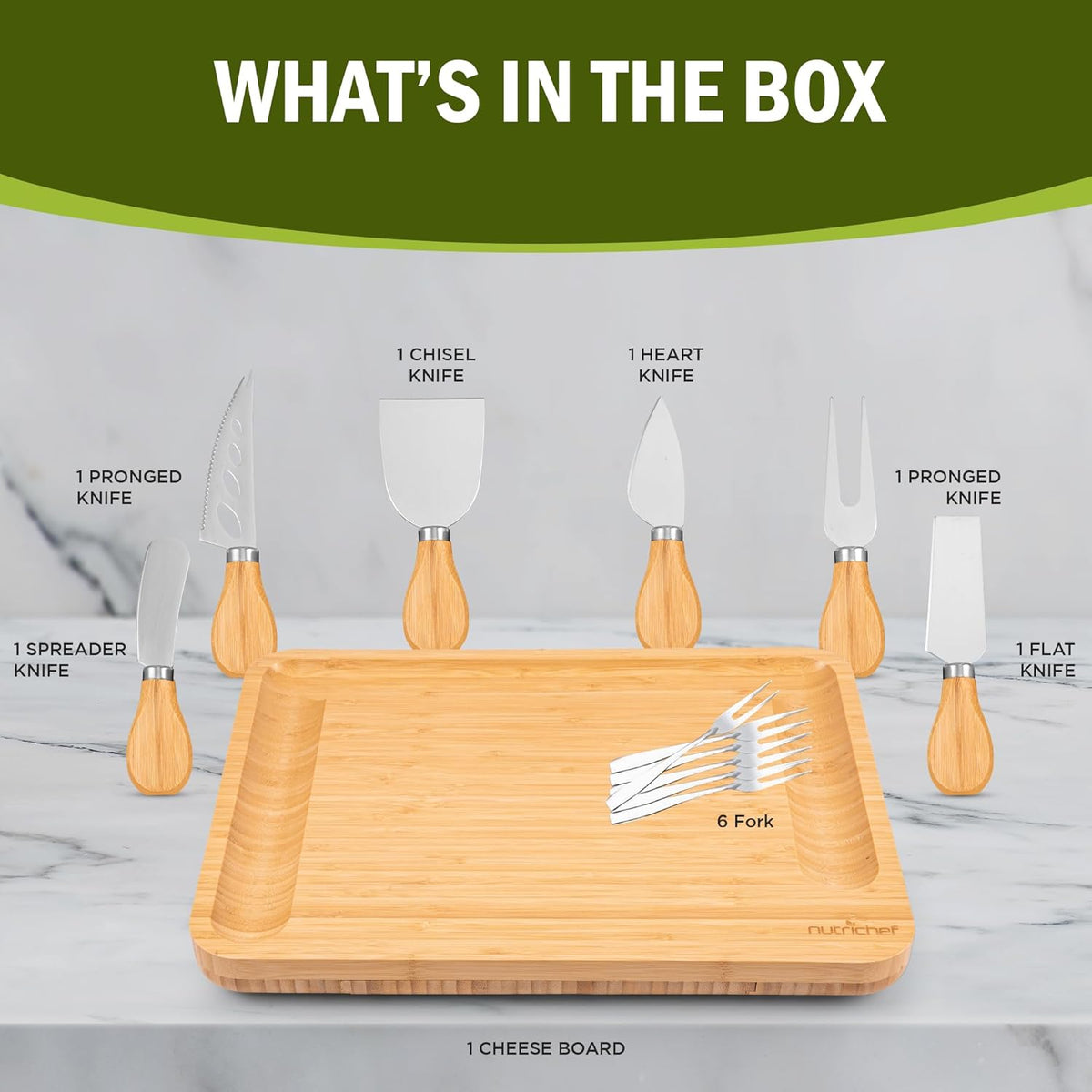 NutriChef Bamboo Natural Cheese Board Set with Bonus Condiment Cup-Extra Large Size 100% Home Organic Wooden Plate and Charcuterie Tray with 4 pcs Cutting Knife Slicer, 13" Square